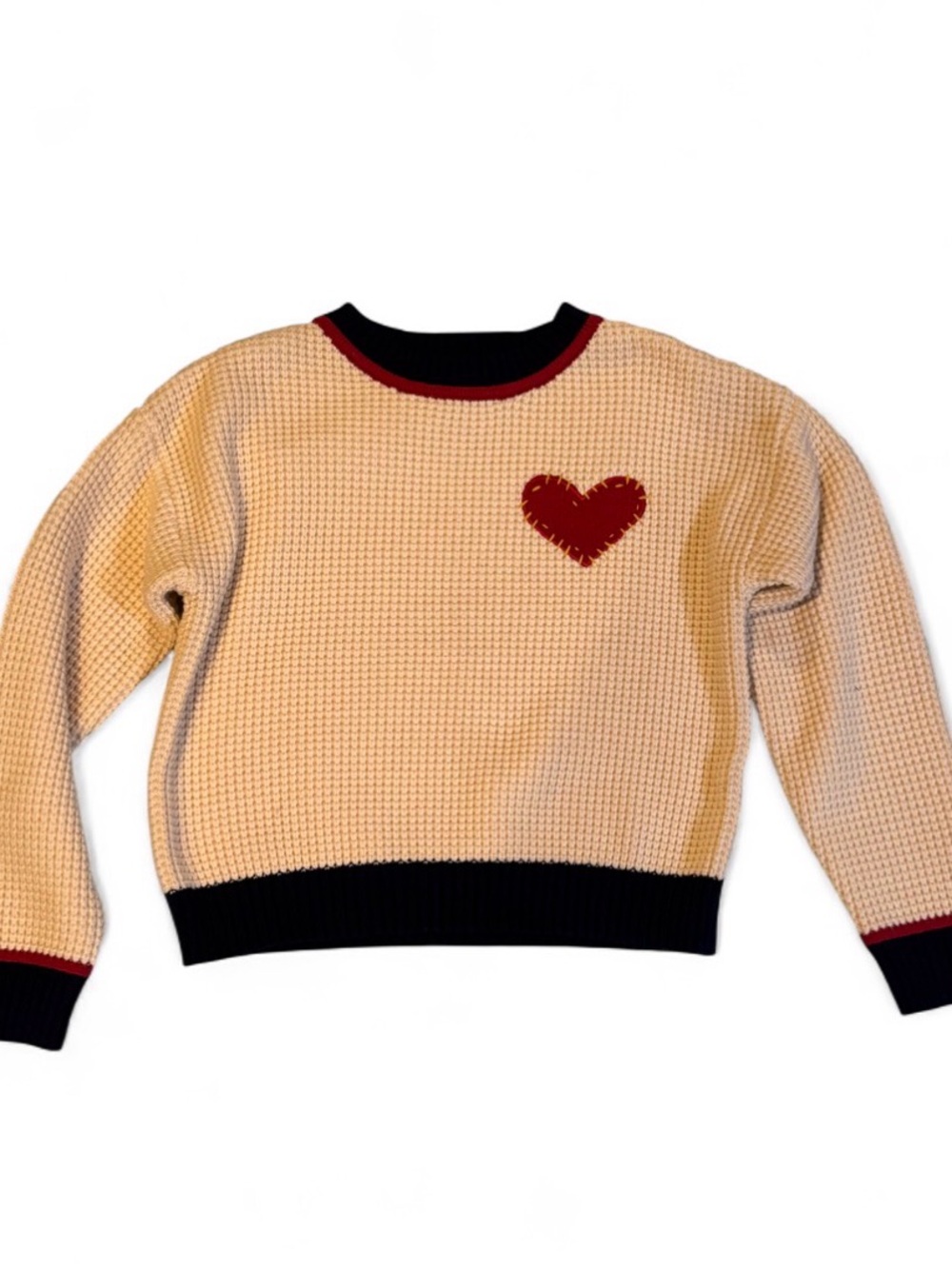 NWOT Central Park West Cream Waffle Knit Crewneck with Red Heart